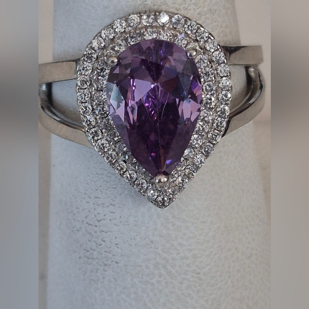 Purple Amethyst and Sterling Silver Pear Double Halo Ring. Split Shank Size 7